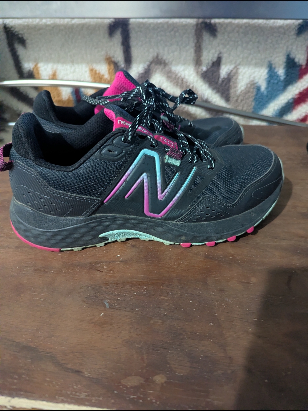 New Balance Women's Black Sneakers with Pink and Light Green Outsoles